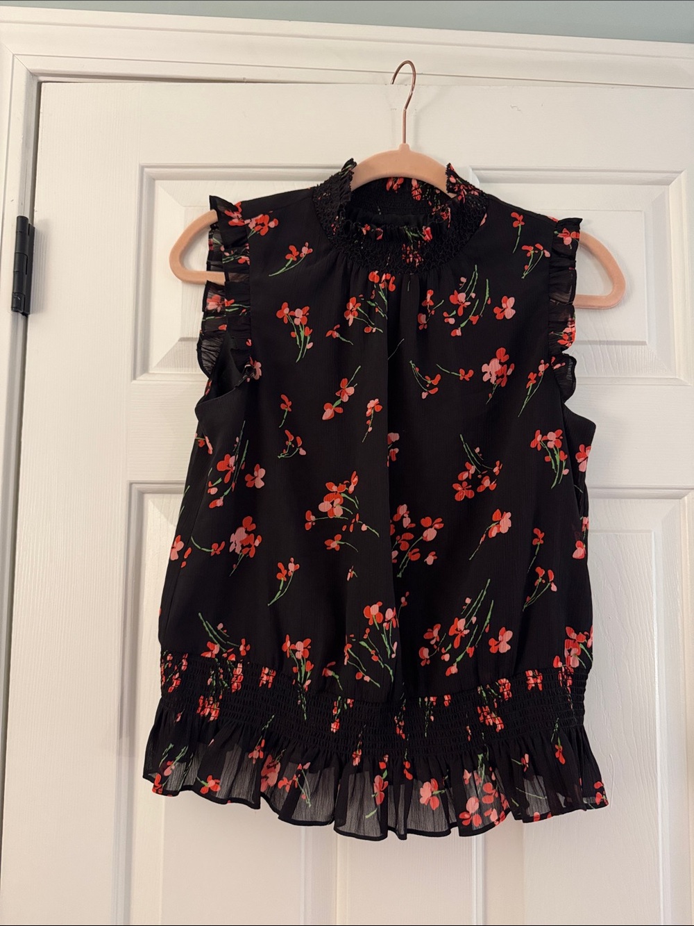 J. Crew Black Sleeveless Floral Ruffle Mock-Neck Top